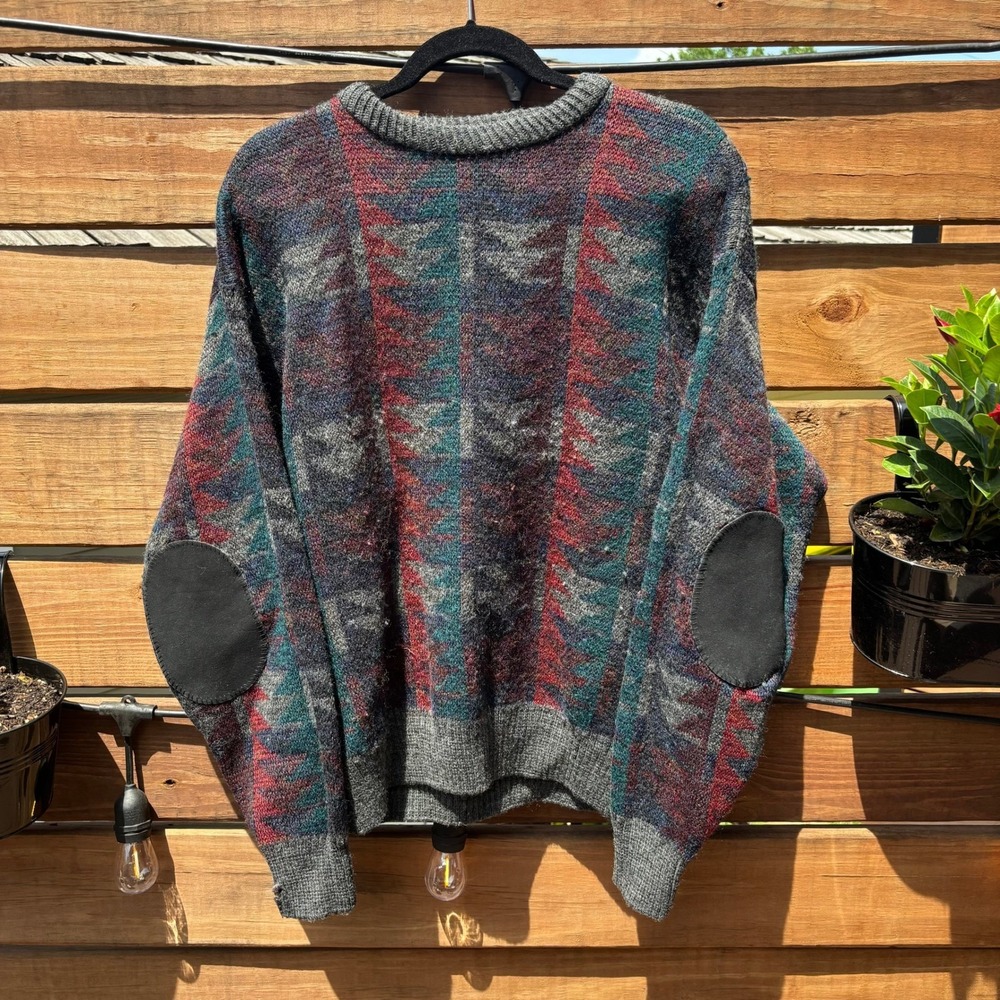 Knights Bridge Sweater Mens L Grey Geometric Wool Blend Fair Elbow Patches